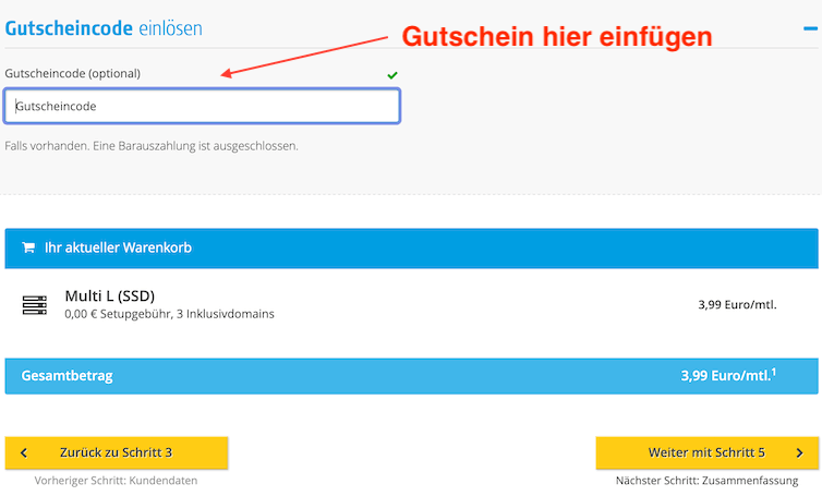 Alfahosting Gutscheincode im Warenkorb eingeben